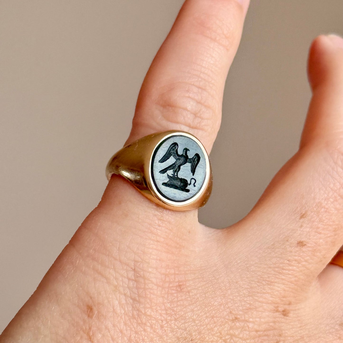 Vintage Bloodstone Intaglio Signet Ring in 9 Carat Gold; Circa 1982