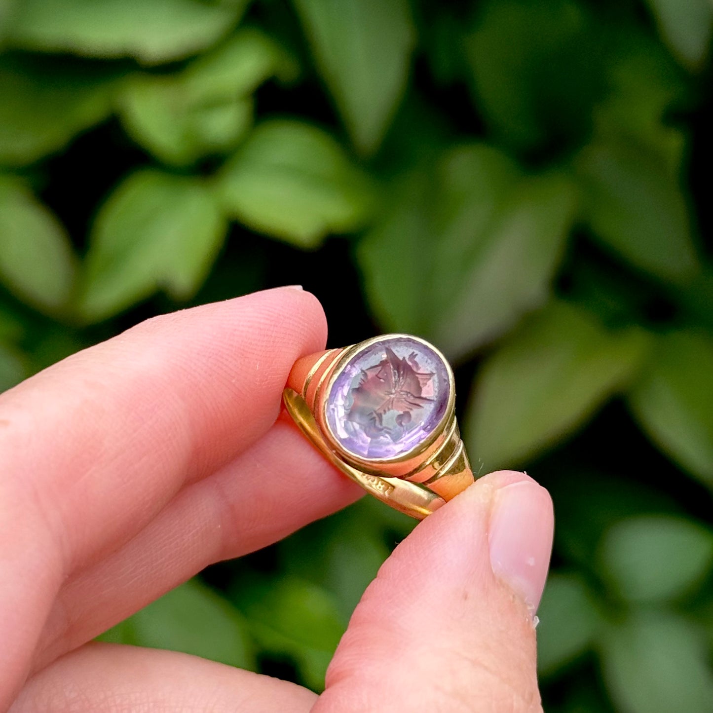 Antique Amethyst Intaglio Ring in 18 Carat Gold; Circa 1900