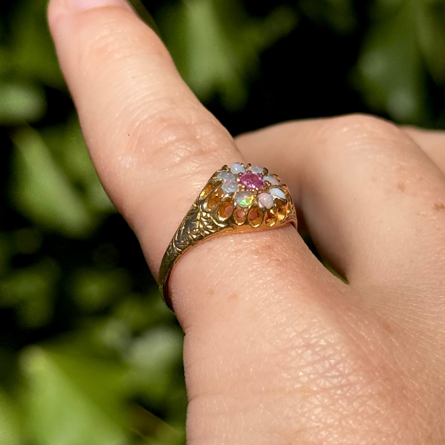 Antique Ruby & Opal Cluster Ring in 15 Carat Gold; Circa 1880