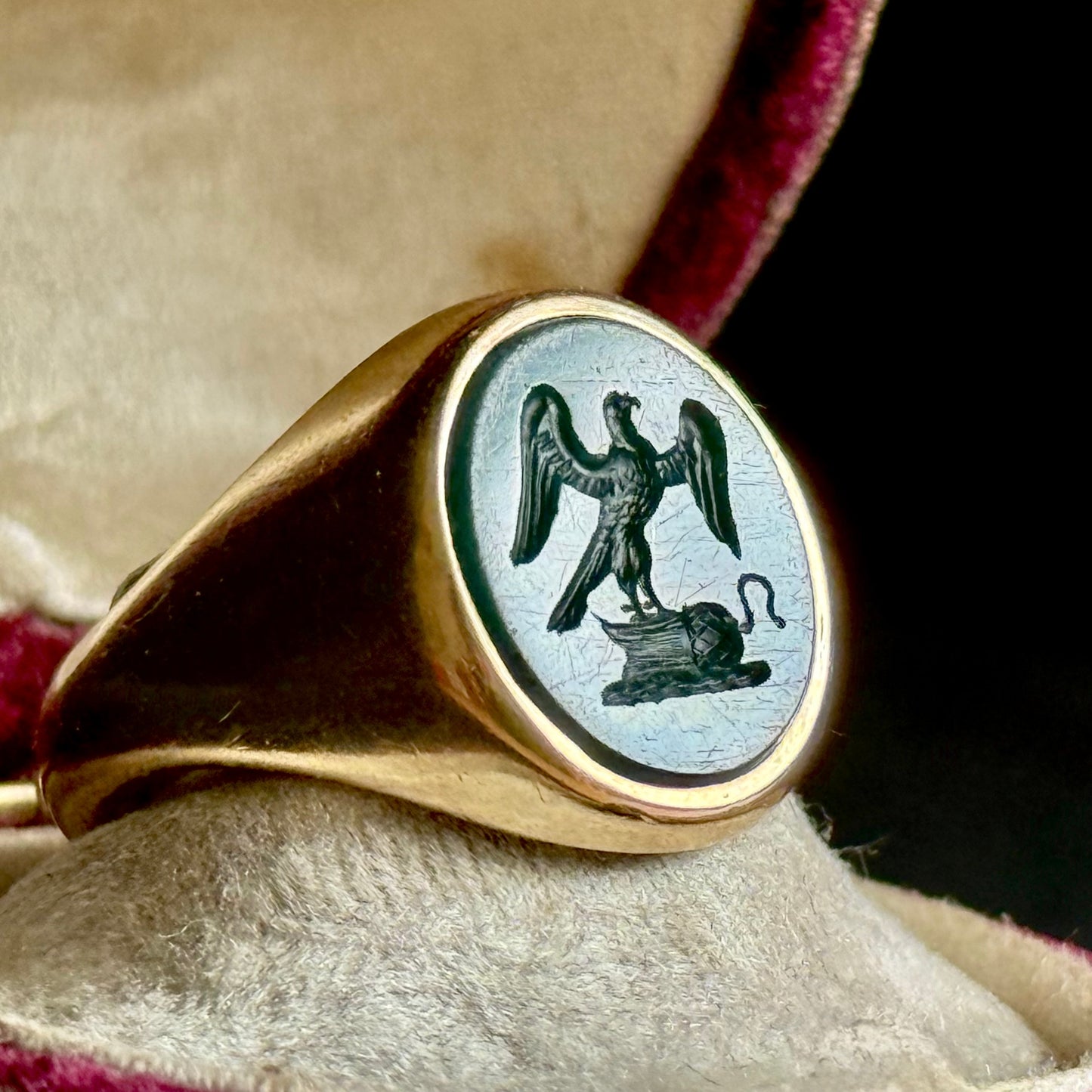 Vintage Bloodstone Intaglio Signet Ring in 9 Carat Gold; Circa 1982