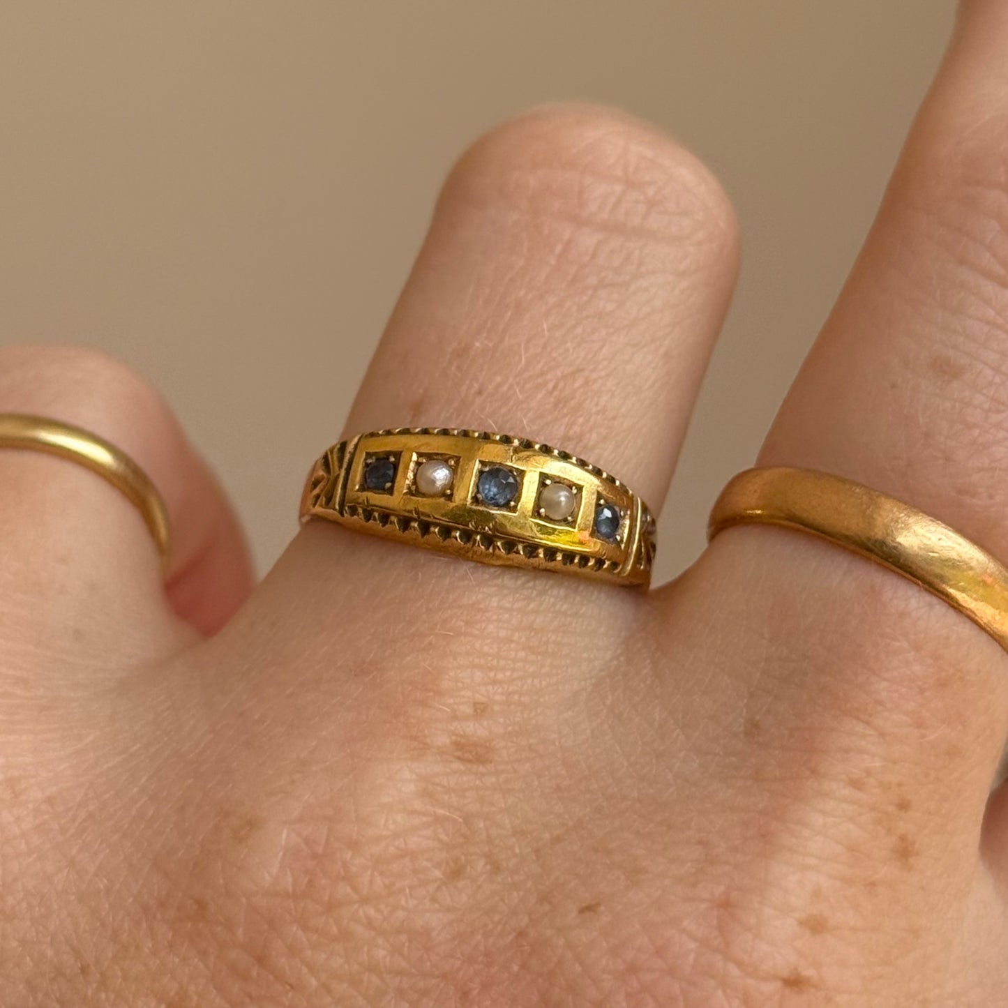 Antique Sapphire & Pearl Ring in 9 Carat Gold; Circa 1900