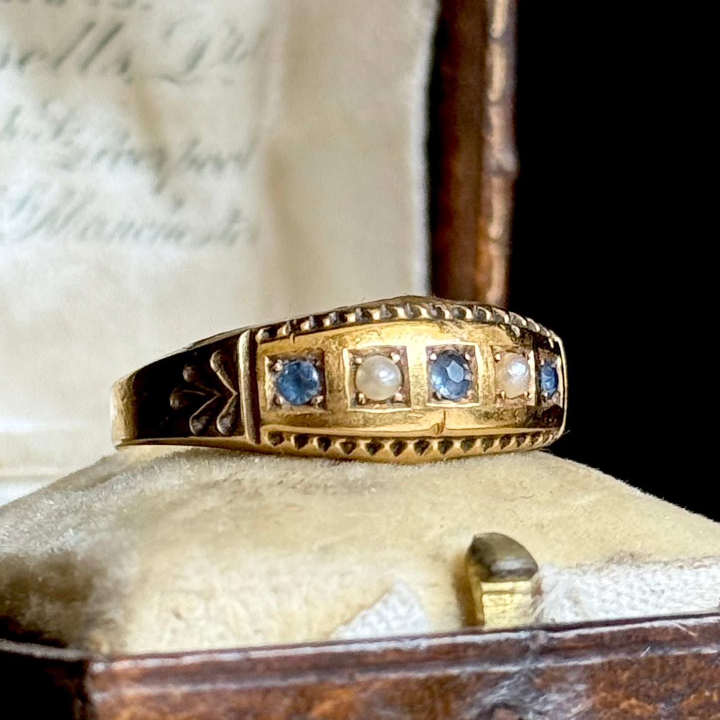 Antique Sapphire & Pearl Ring in 9 Carat Gold; Circa 1900