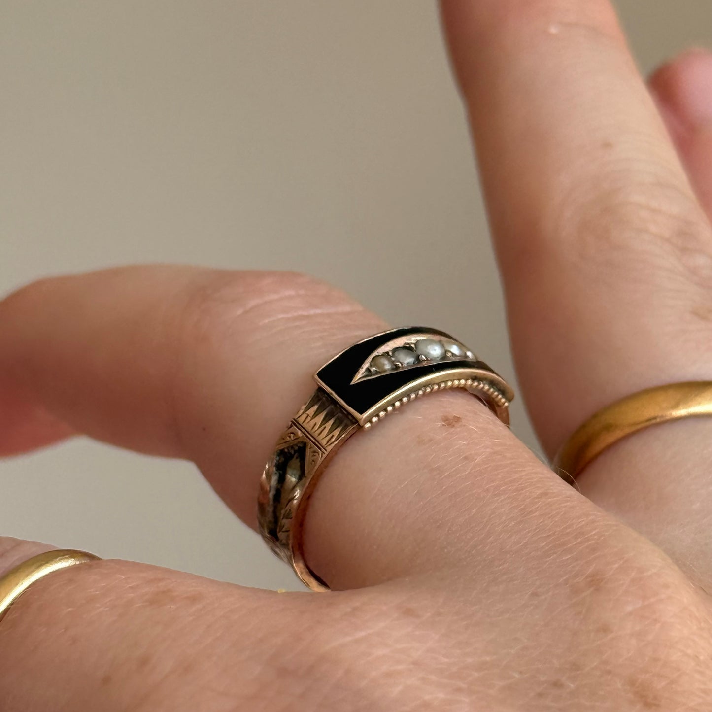 Antique Enamel & Pearl Mourning Ring in 9 Carat Gold; Circa 1906