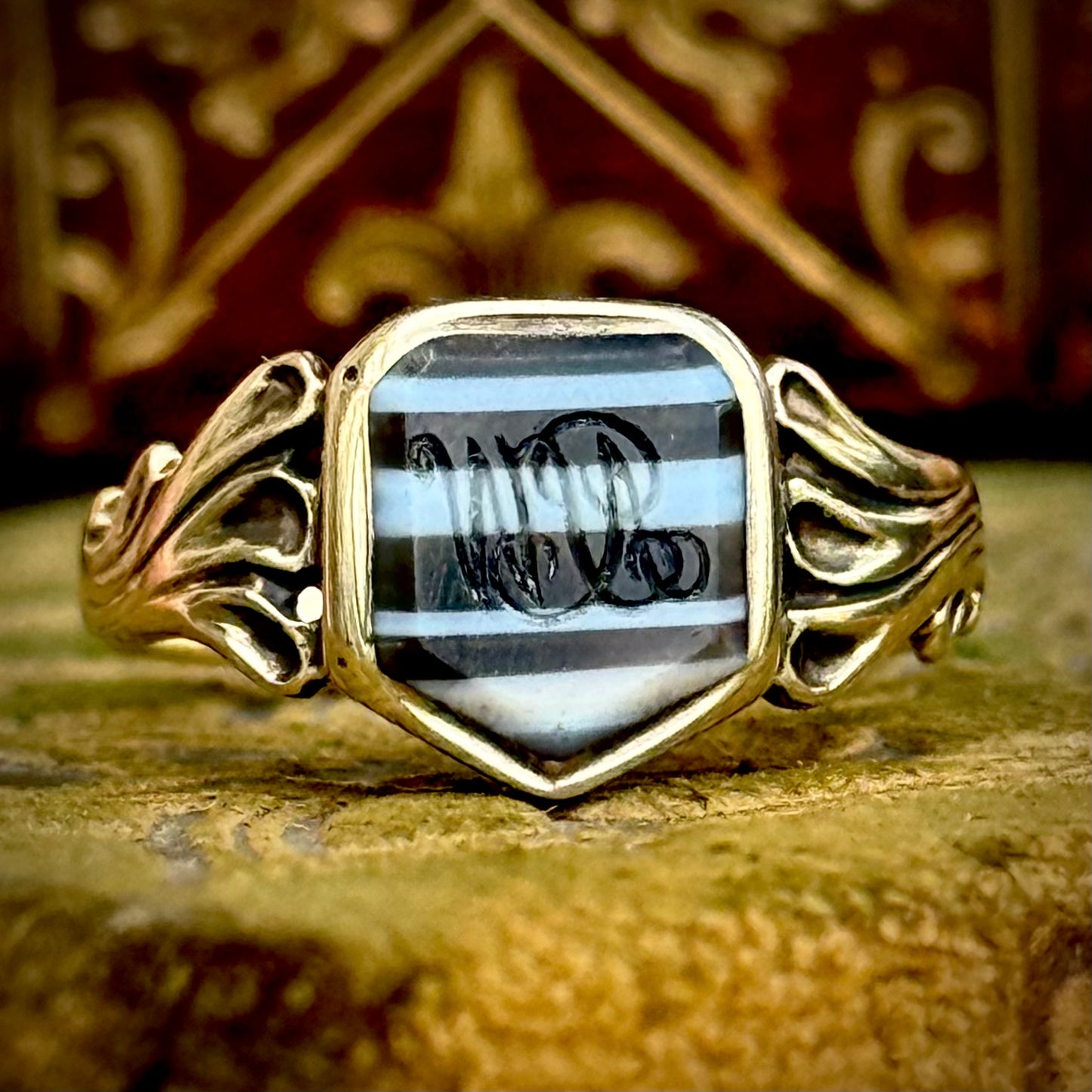 Antique Banded Agate Monogram Signet Ring