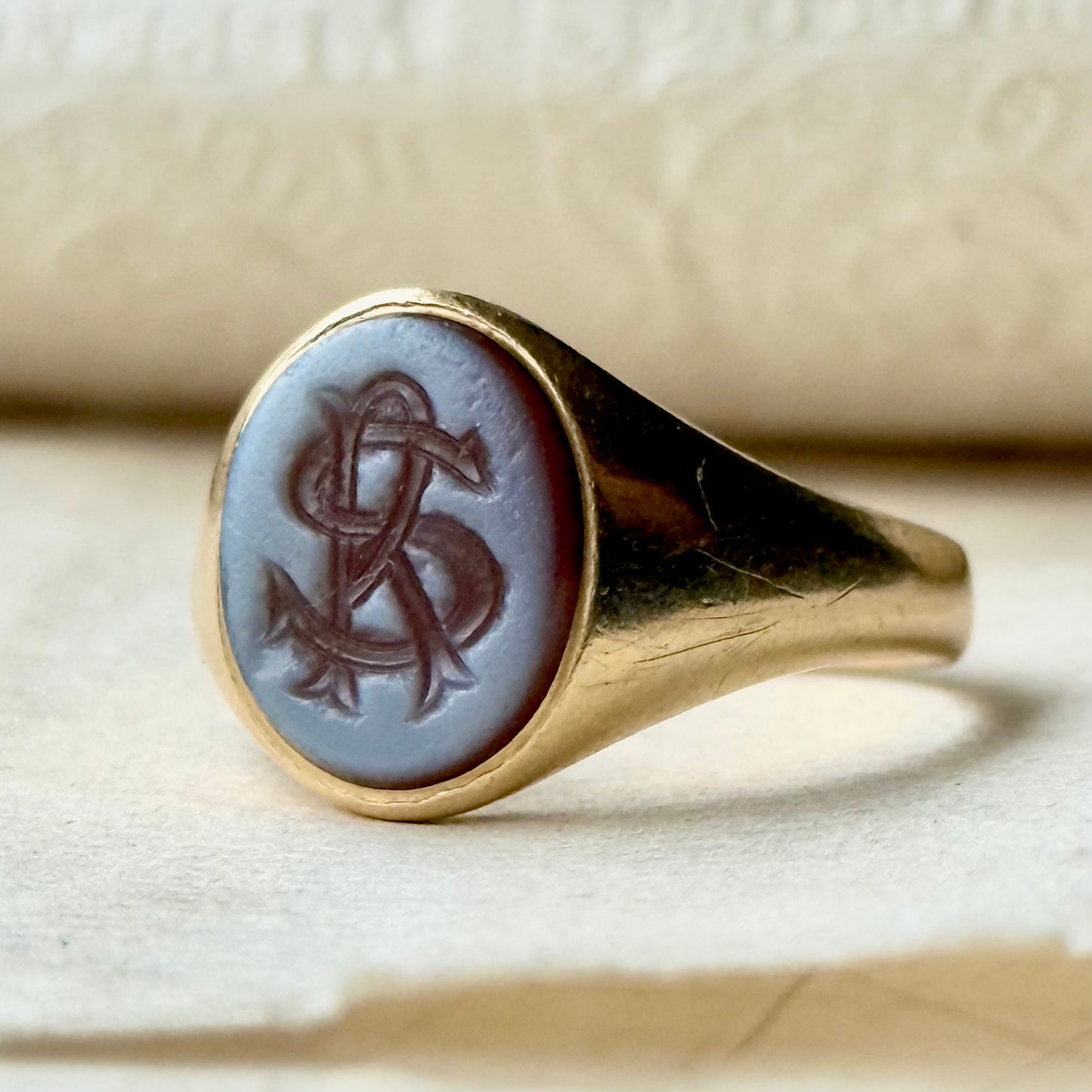 Victorian Sardonyx Signet ring in 18 Carat Gold; Circa 1868