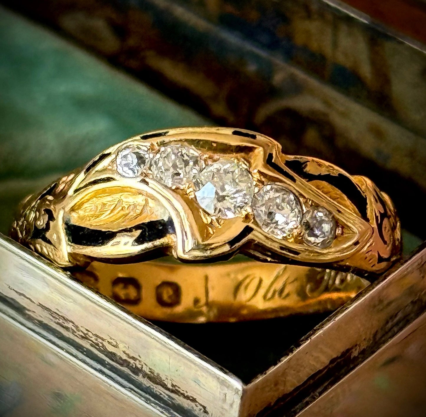 Antique Diamond & Enamel Mourning Ring in 18 Carat Gold; Circa 1879