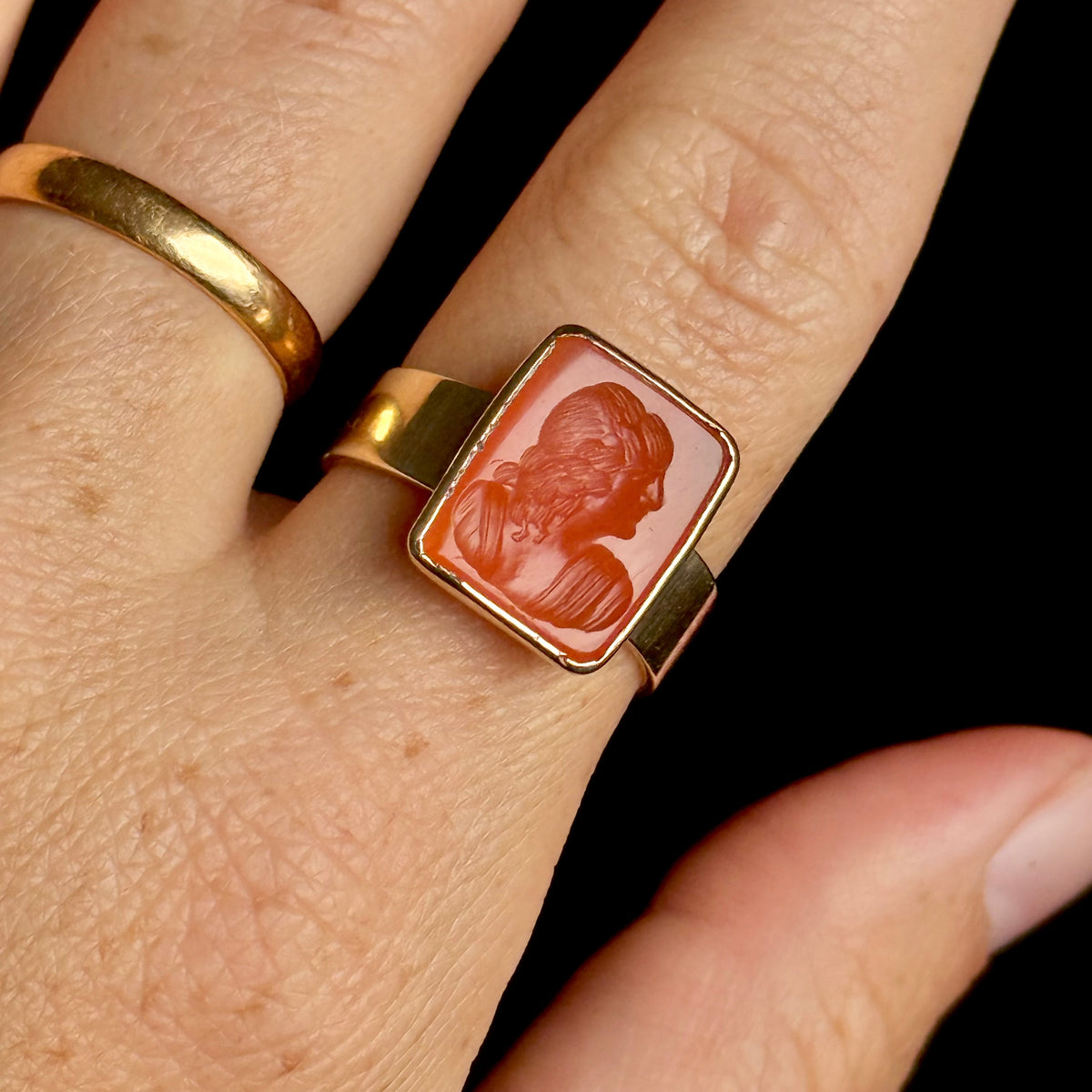 Antique Carnelian Female Intaglio Ring in 9 Carat Gold; Circa 1850