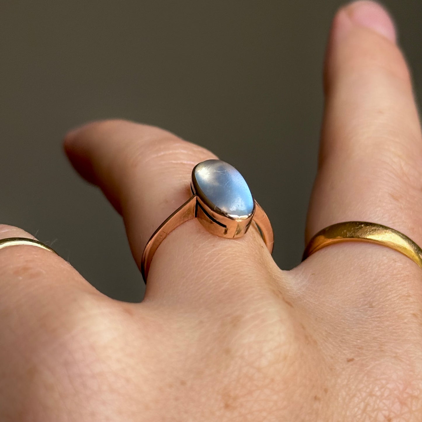 Edwardian Moonstone ring in 9 Carat Rose Gold; Circa 1880