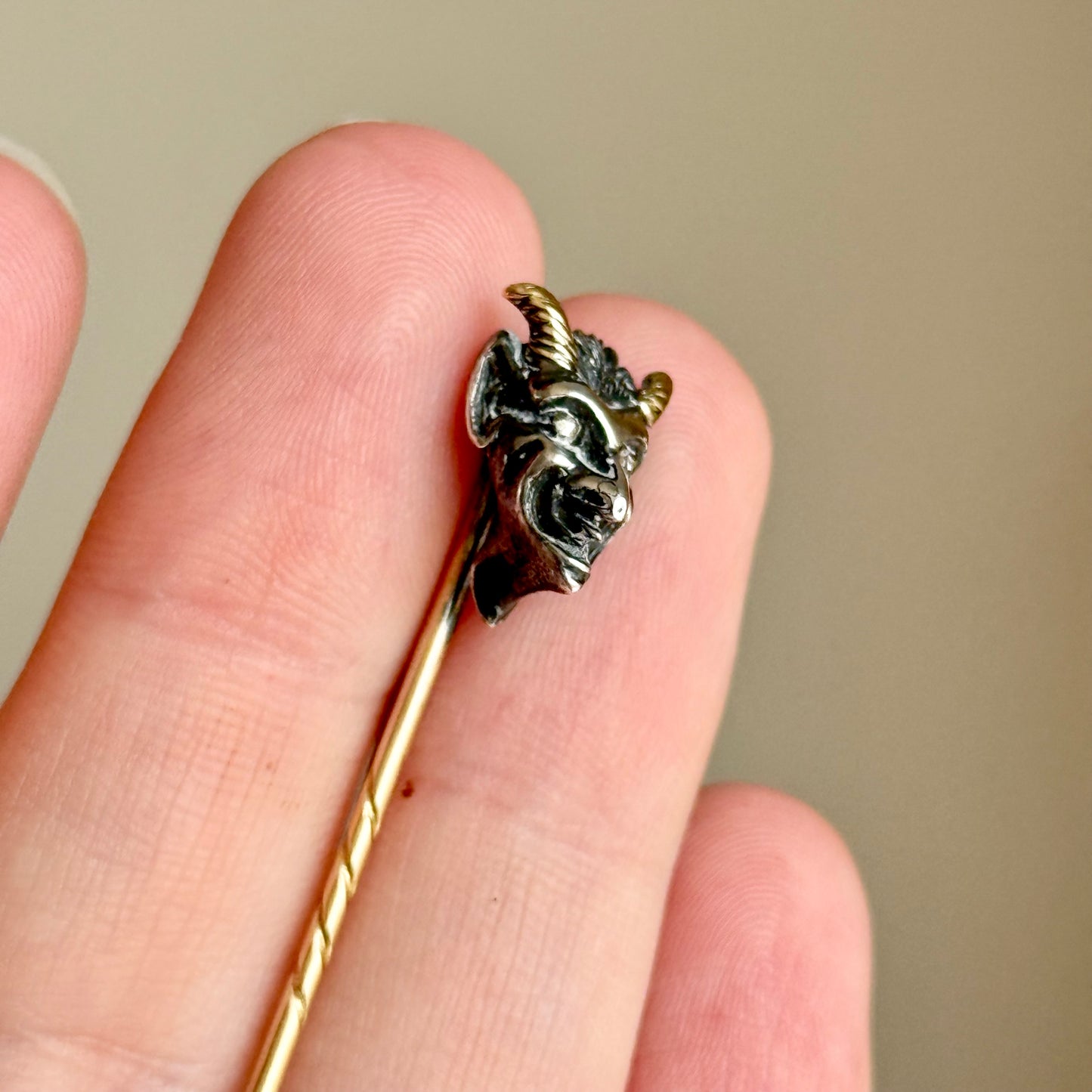 Rare Victorian Devil’s Head Tie Pin with Rose Cut Diamonds in Box Circa 1870