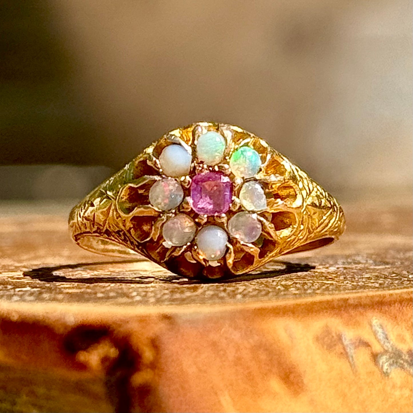 Antique Ruby & Opal Cluster Ring in 15 Carat Gold; Circa 1880