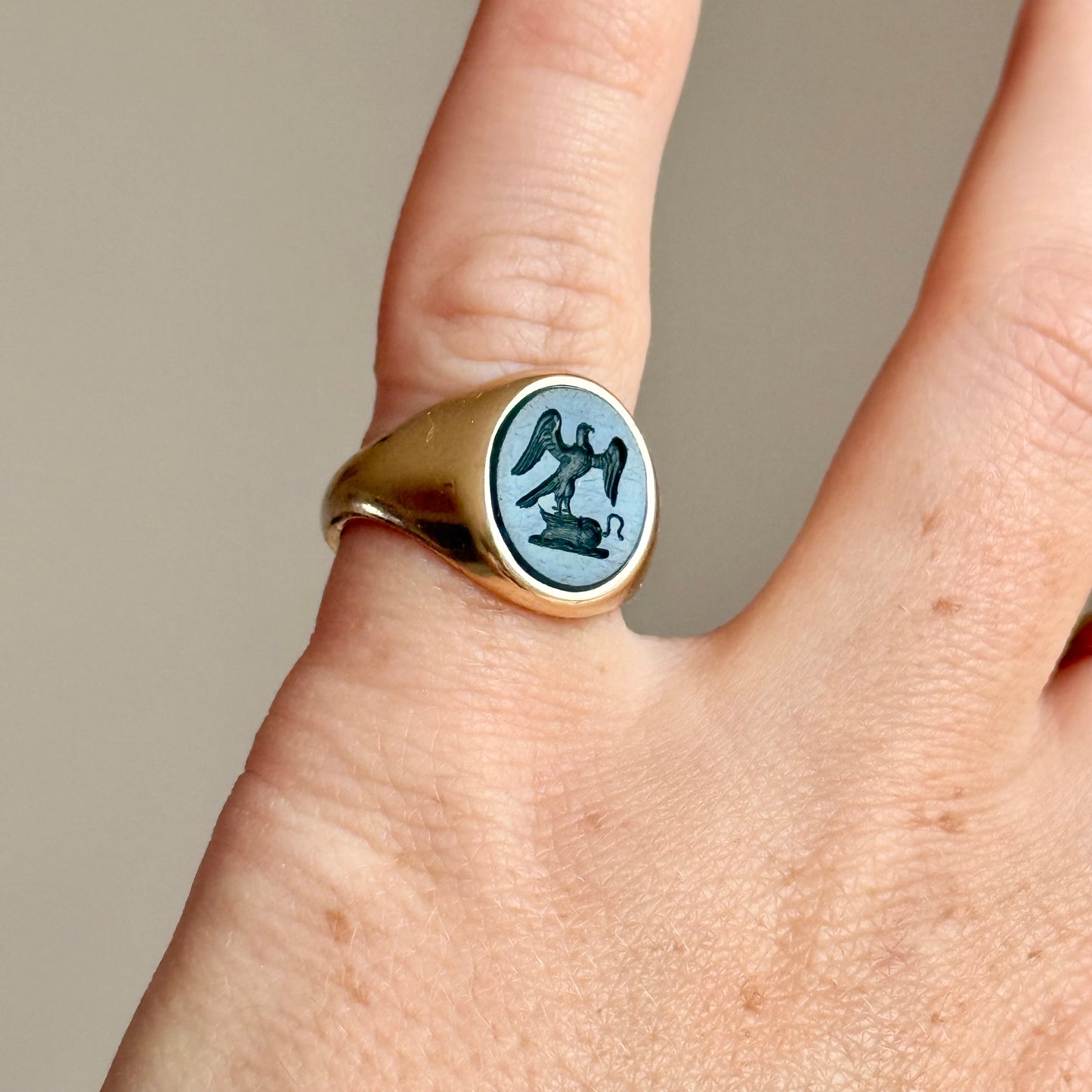 Vintage Bloodstone Intaglio Signet Ring in 9 Carat Gold; Circa 1982