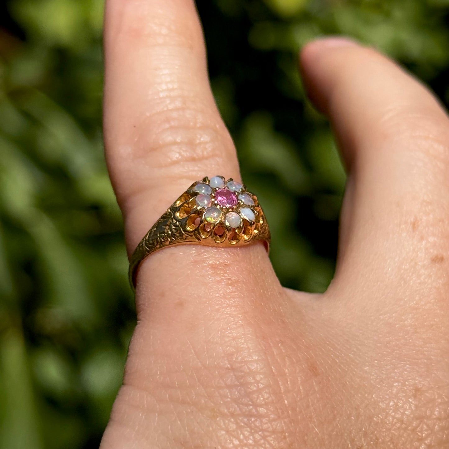 Antique Ruby & Opal Cluster Ring in 15 Carat Gold; Circa 1880
