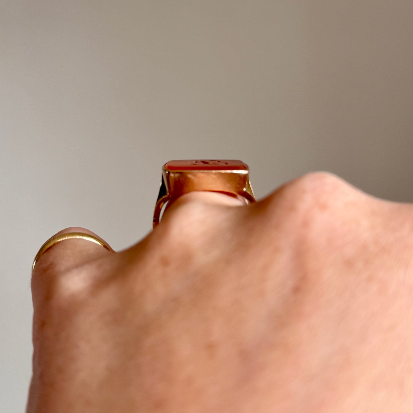 Antique Carnelian 'B' Intaglio Signet Ring in 9 Carat Gold, Circa 1880
