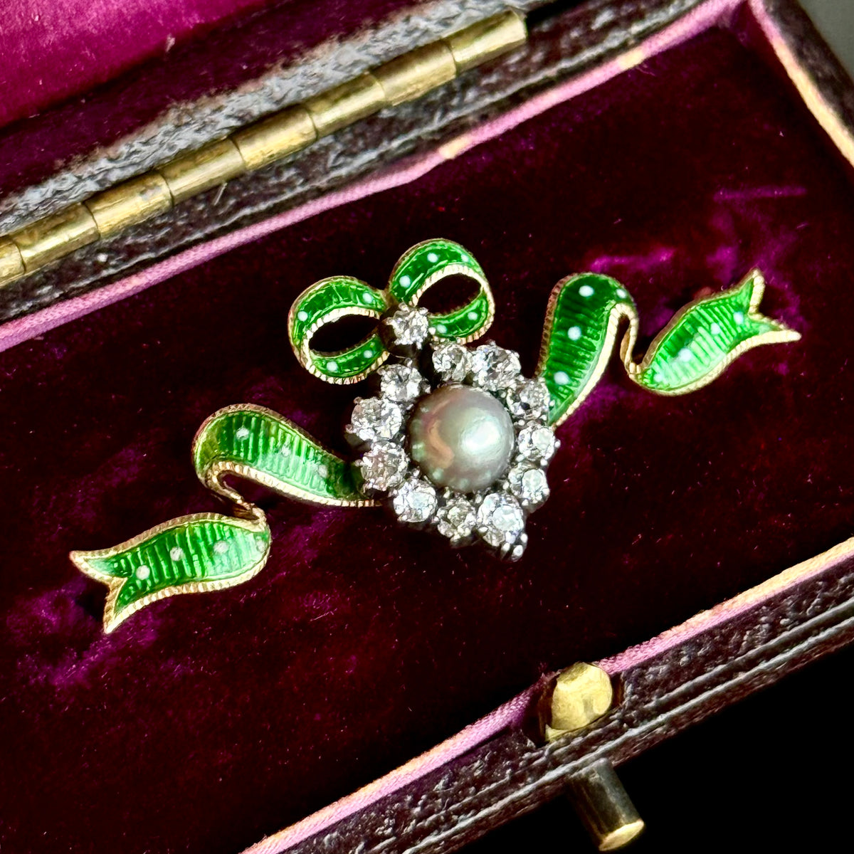 Victorian Boxed Enamel, Pearl & Diamond Brooch in 15 Carat Gold; Circa 1890