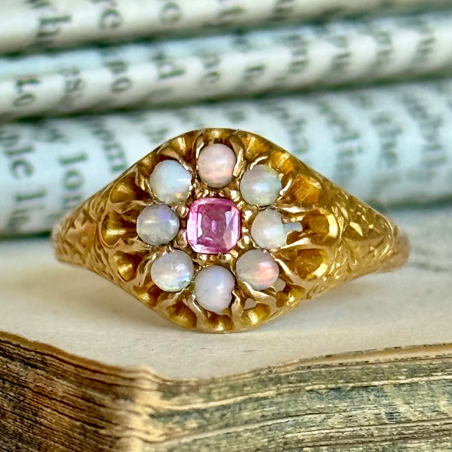 Antique Ruby & Opal Cluster Ring in 15 Carat Gold; Circa 1880
