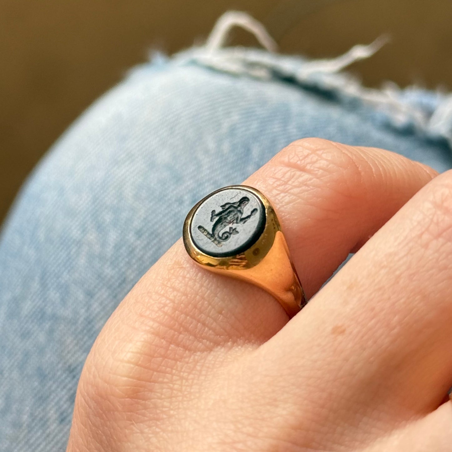 Victorian Bloodstone Mermaid Intaglio Signet Ring in 18 Carat Gold