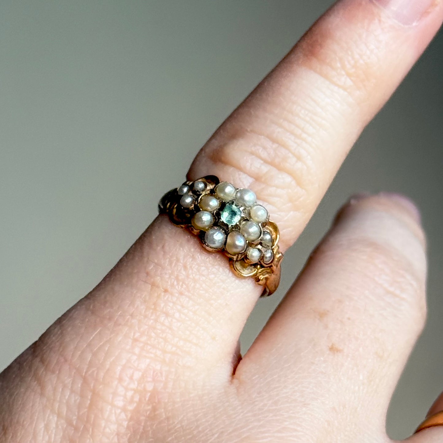 Antique Emerald & Pearl Ring in 9 Carat Gold; Circa 1850