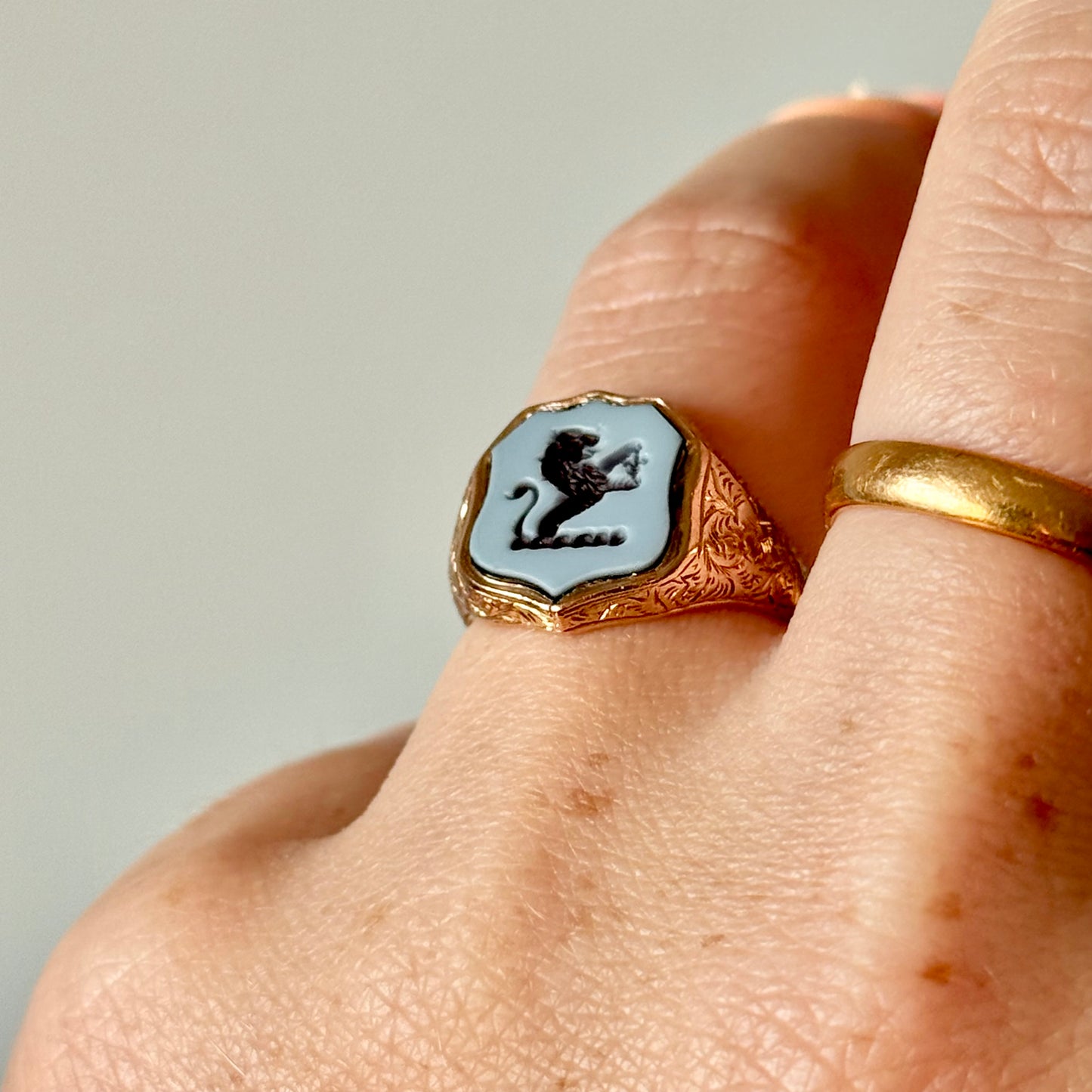 Antique Lion Sardonyx Signet Ring in 9 Carat Rose Gold; Circa 1900
