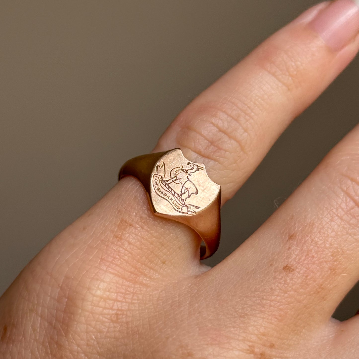 Antique Royal Warwickshire Signet Ring in 9 Carat Rose Gold; Circa 1918
