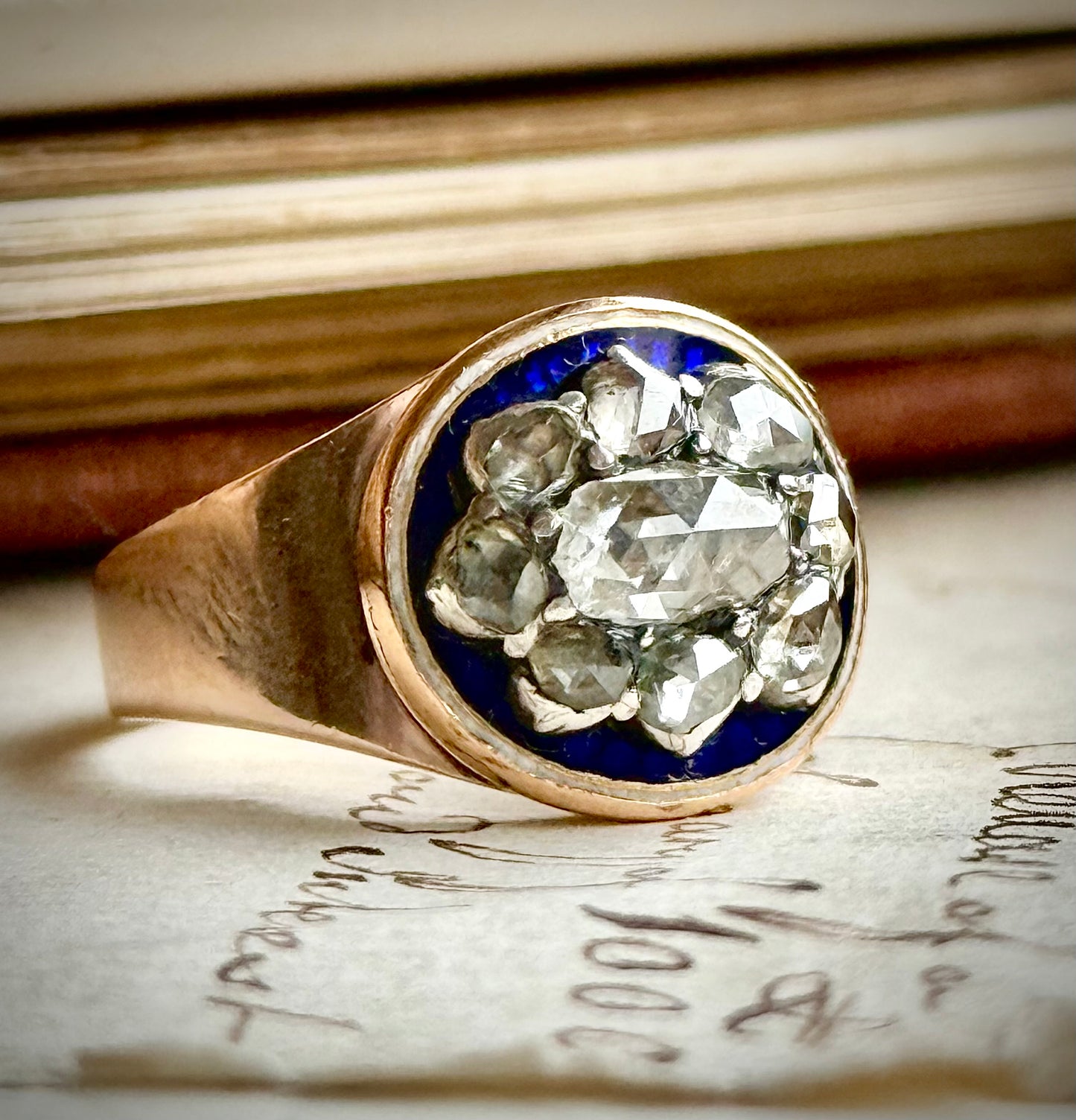 Georgian Rose Cut Diamond & Enamel Cluster Ring, Circa 1830