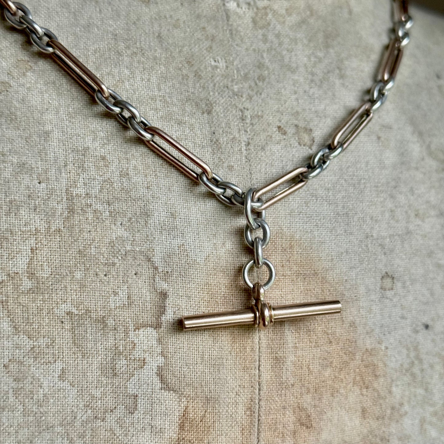 Antique Trombone Rose Gold & Silver Albert Chain; Circa 1880