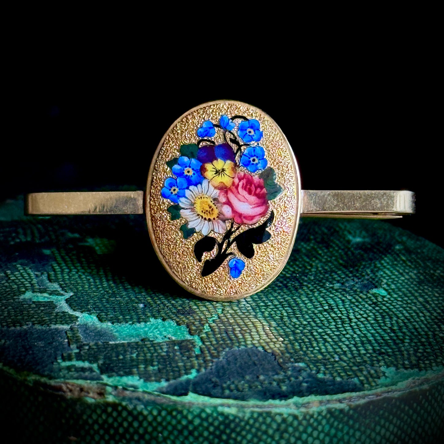 Boxed Antique Enamel Floral Brooch in 9 Carat Gold
