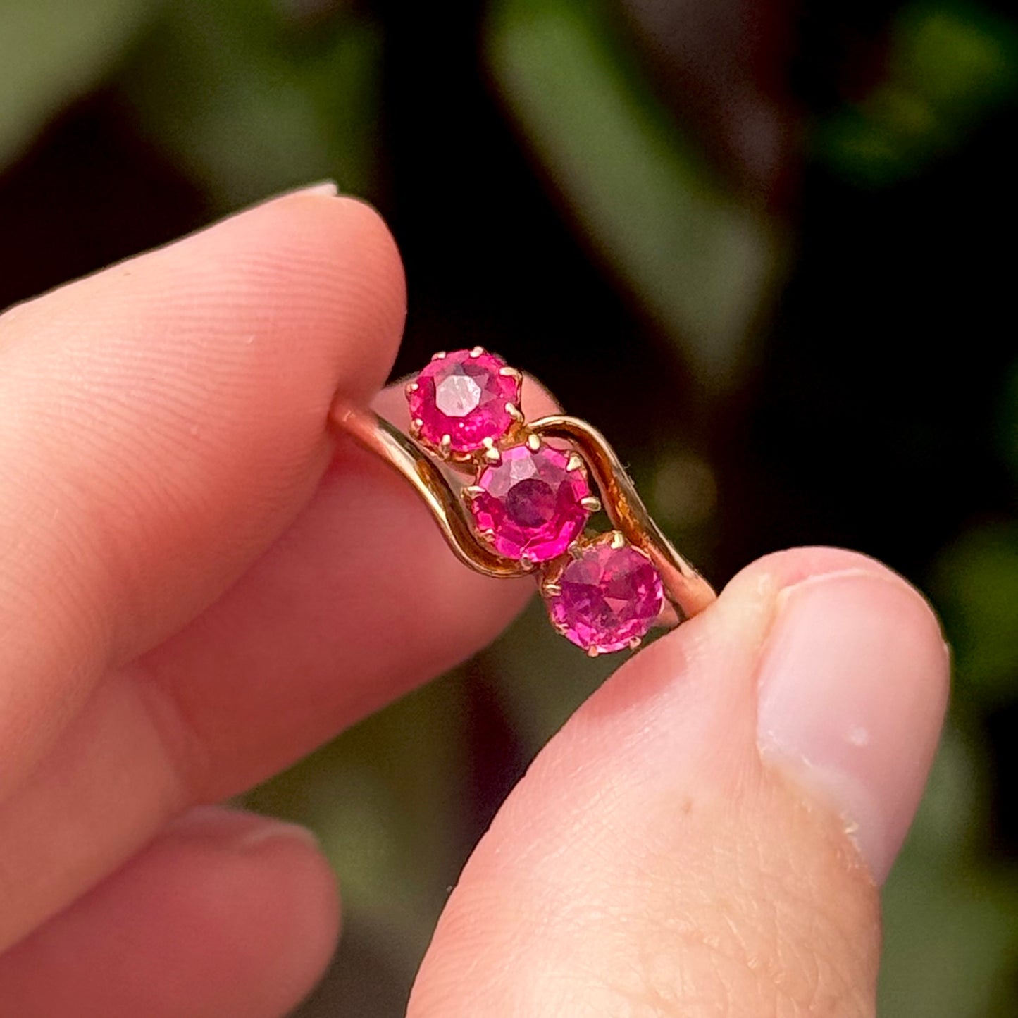Edwardian Old Cut Ruby Trilogy in 9 Carat Gold; Circa 1910