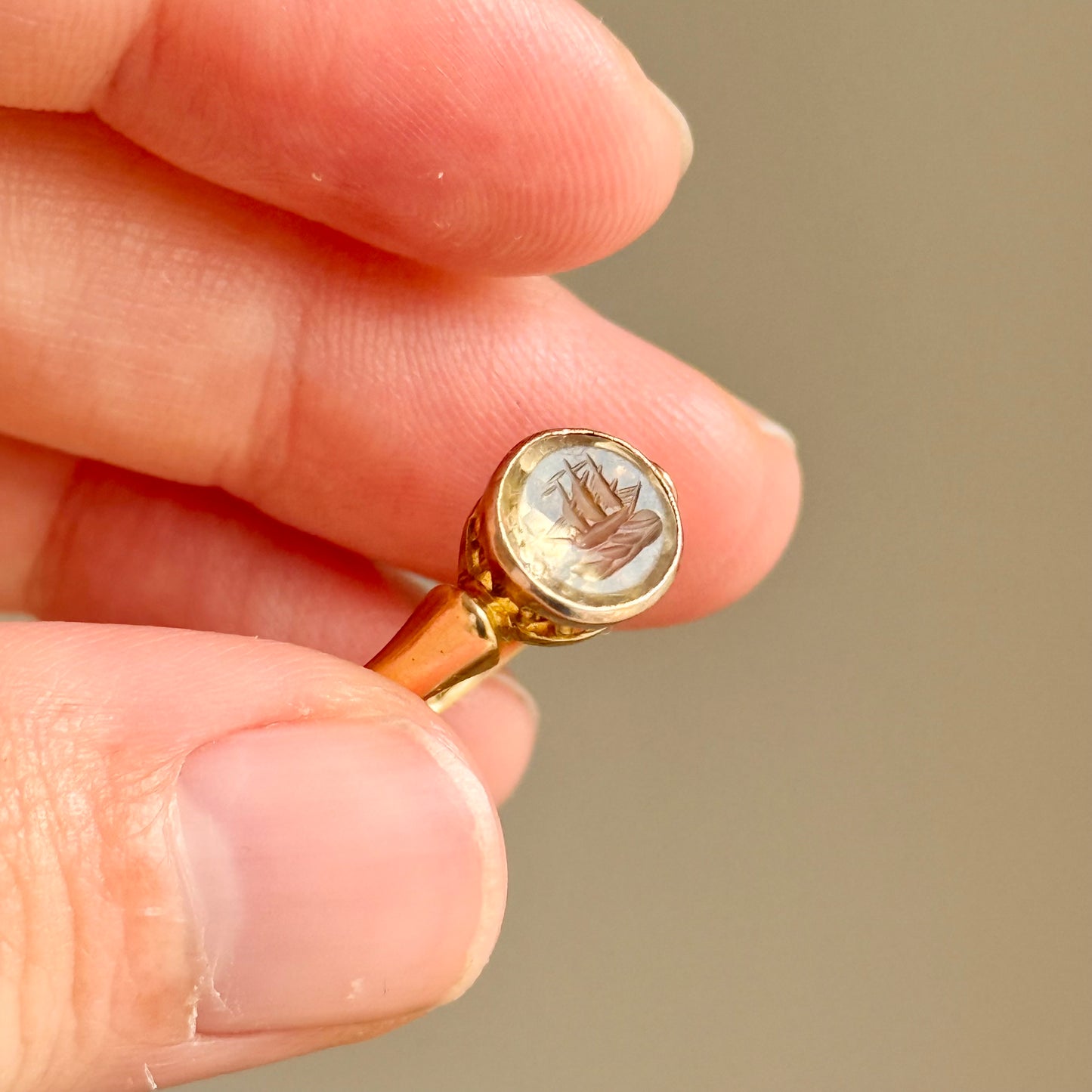 Edwardian Citrine Ship Intaglio Ring in 18 Carat Gold; Circa 1907