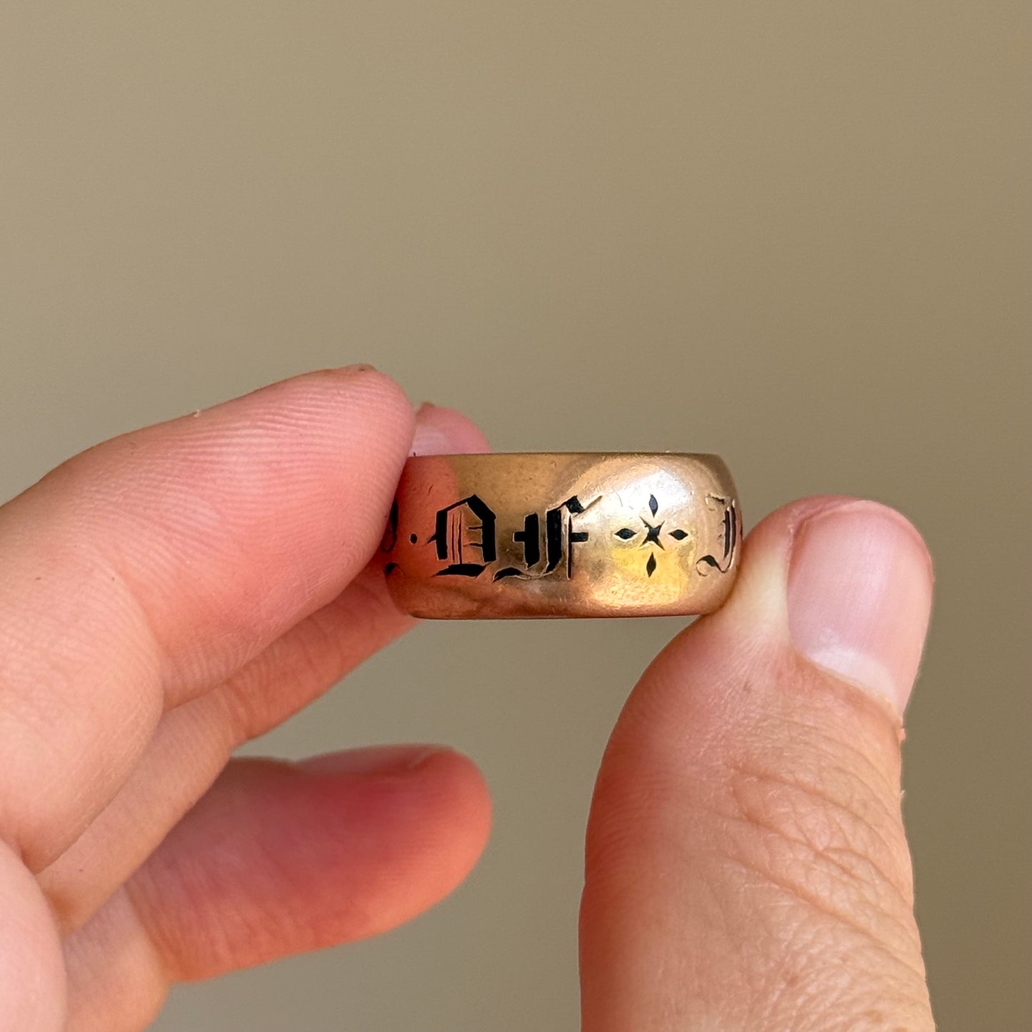 Antique Enamel Mourning Ring in 9 Carat Rose Gold; Circa 1902