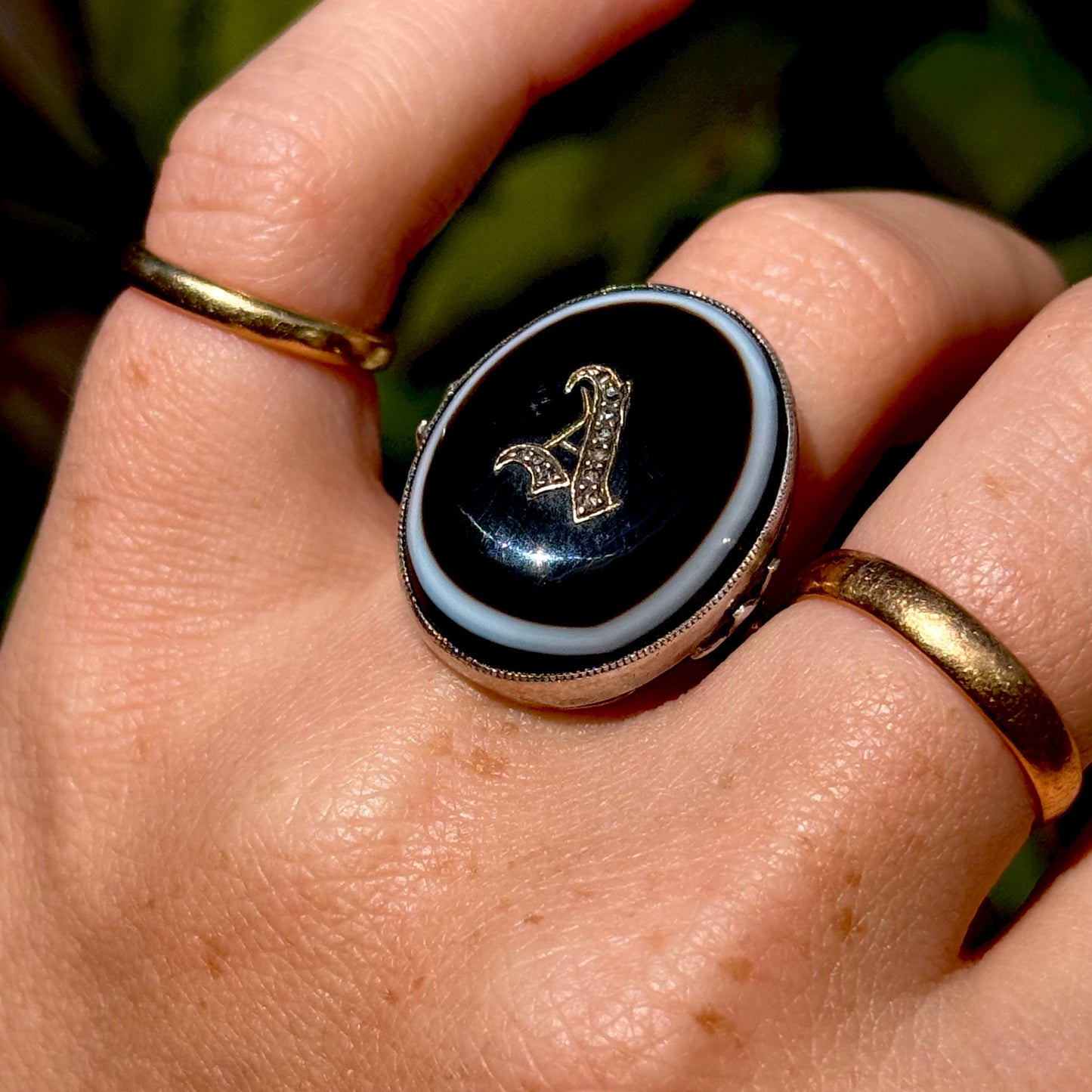 Victorian Banded Agate Diamond 'A' Ring in Sterling Silver Circa 1880