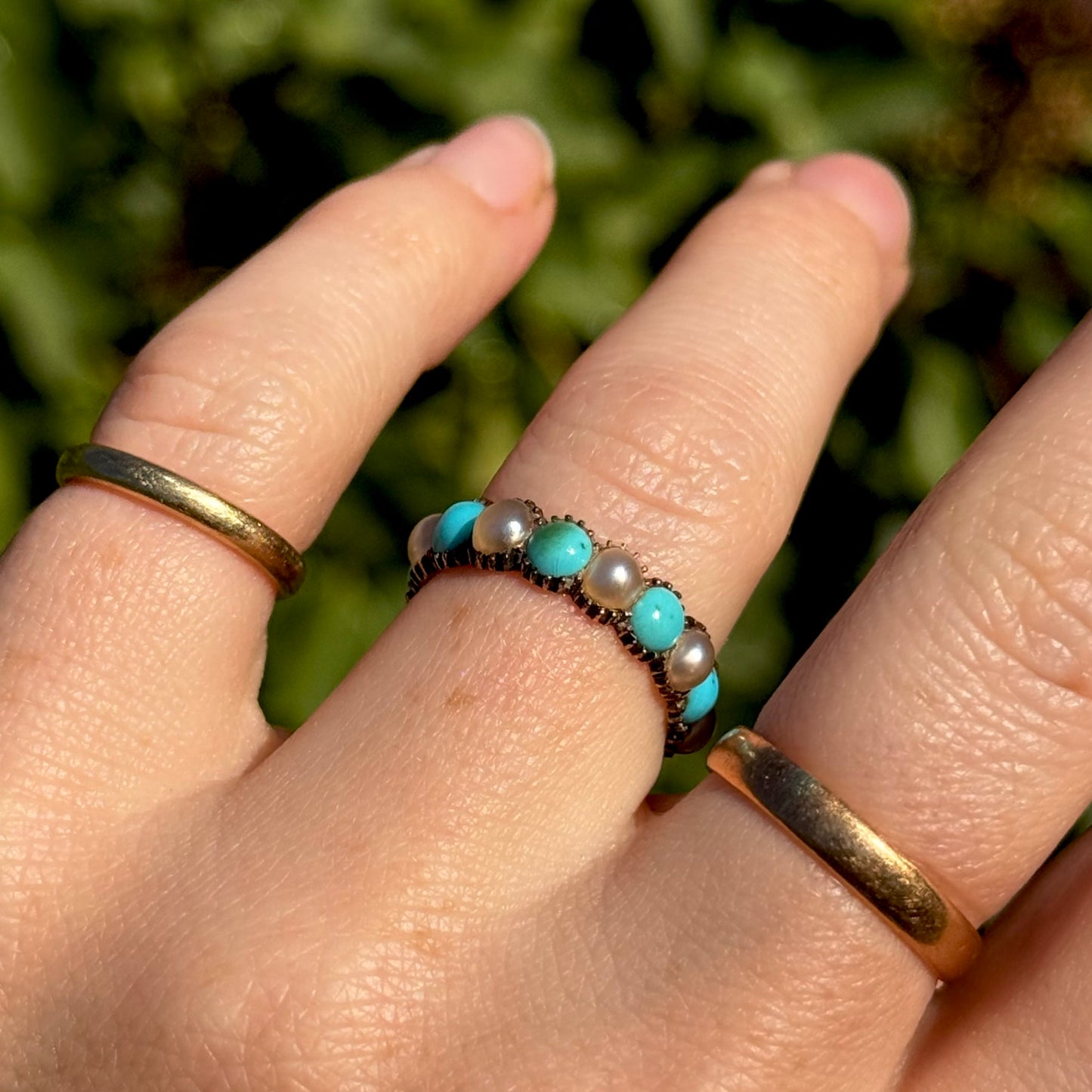 Georgian Rare Turquoise & Pearl Full Eternity in 9 Carat Gold