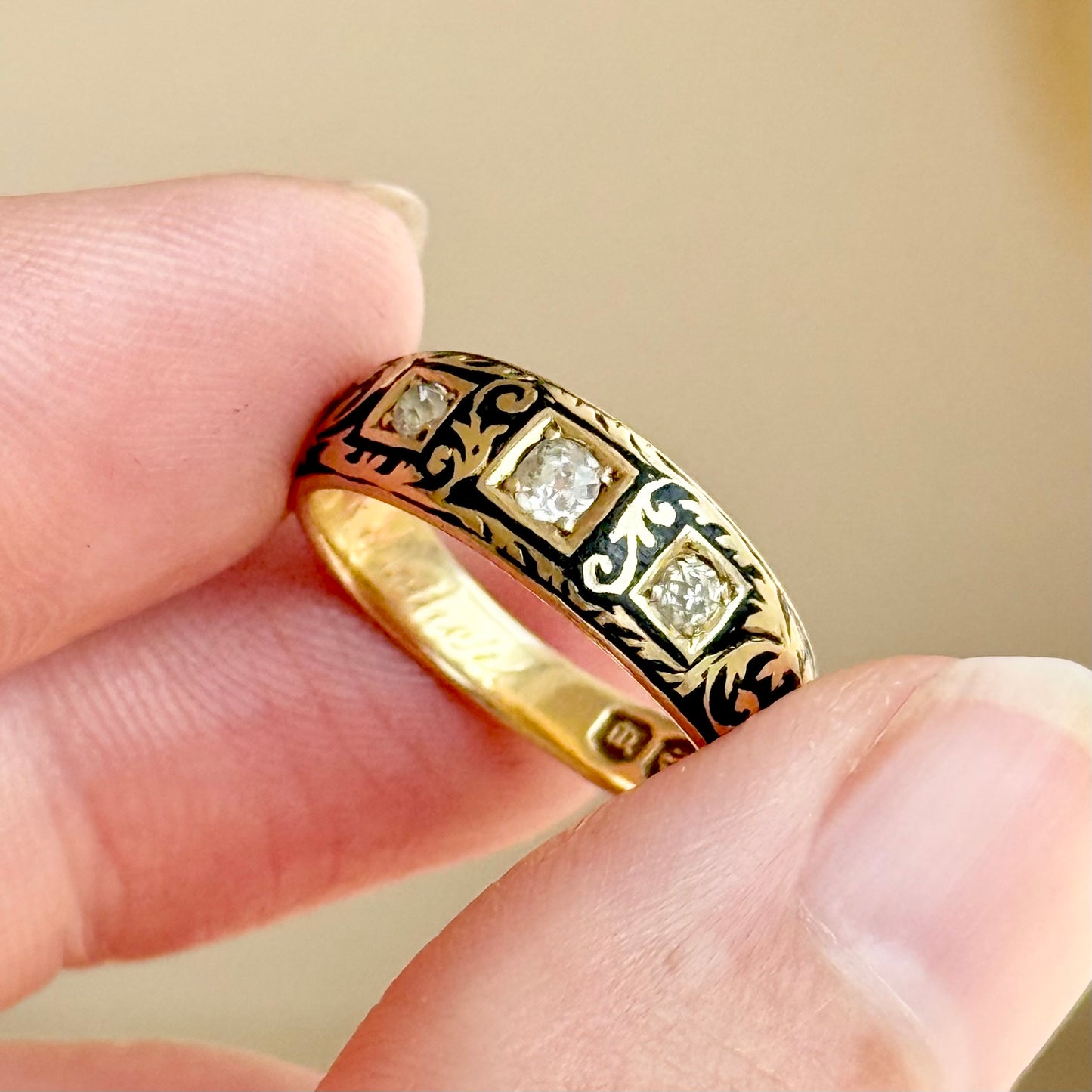 Victorian Enamel & Diamond Ring in 18 Carat Gold; Circa 1896