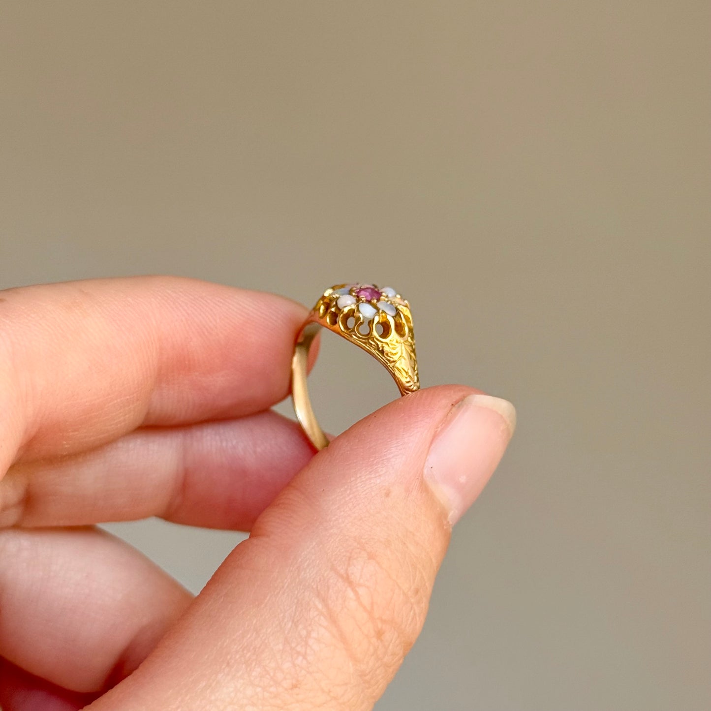 Antique Ruby & Opal Cluster Ring in 15 Carat Gold; Circa 1880