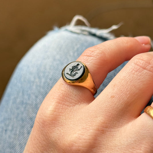 Victorian Bloodstone Mermaid Intaglio Signet Ring in 18 Carat Gold