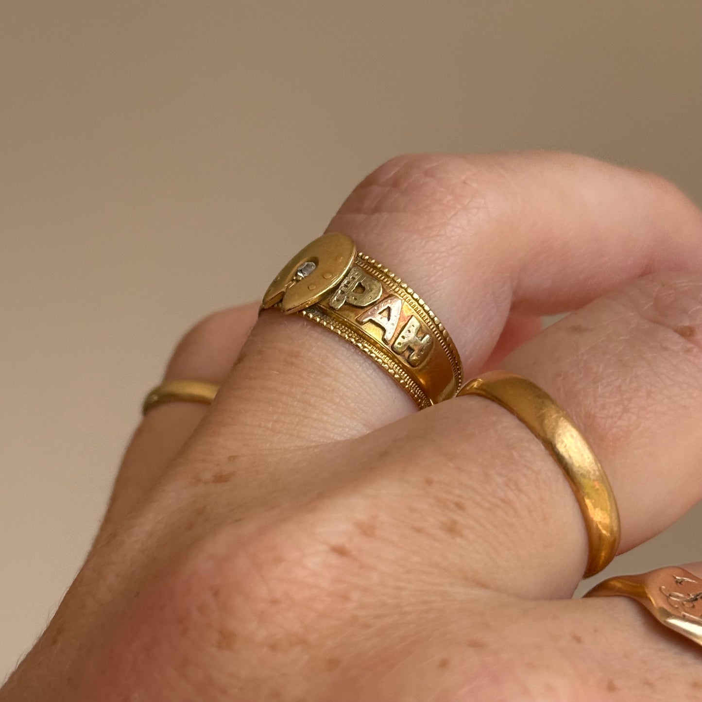 Victorian Diamond Mizpah Ring in 18 Carat Gold; Circa 1886
