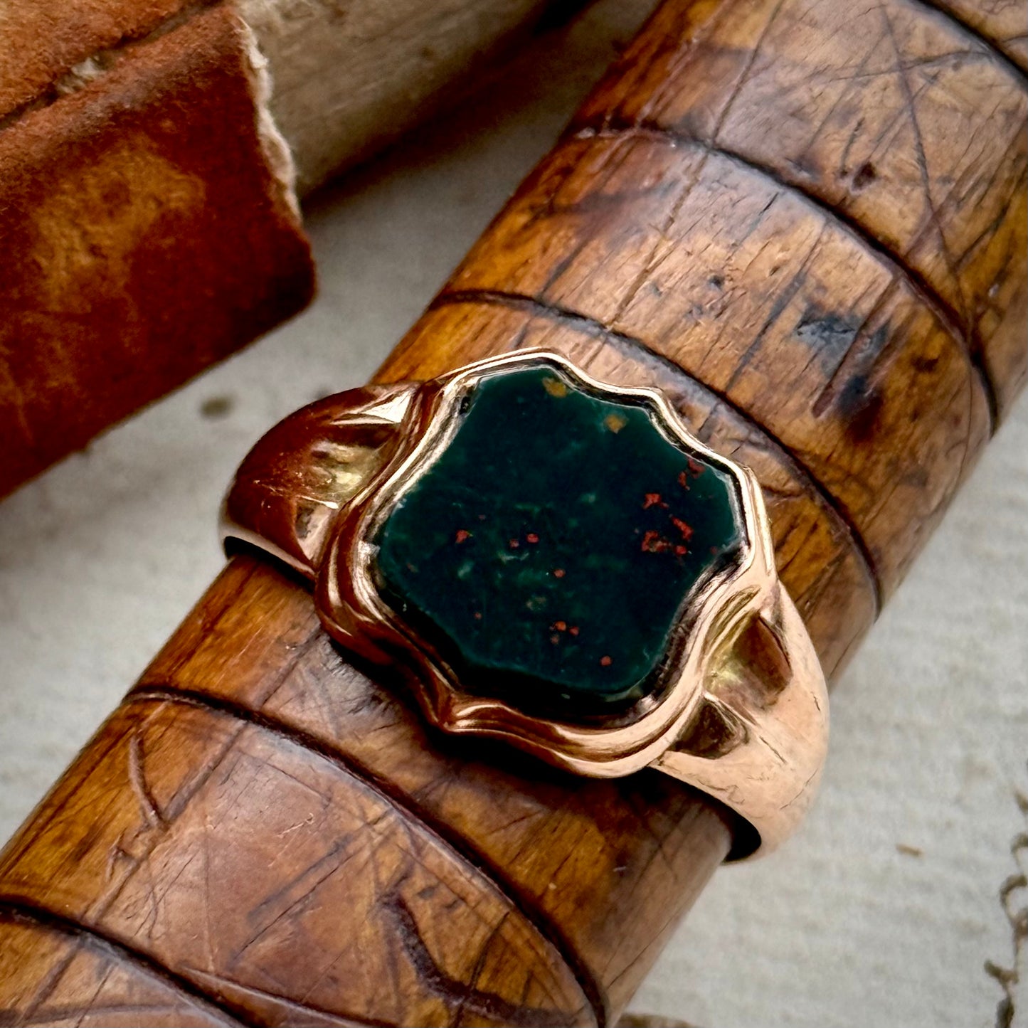 Antique Edwardian Bloodstone Signet Ring in 9 Carat Rose Gold; Circa 1904