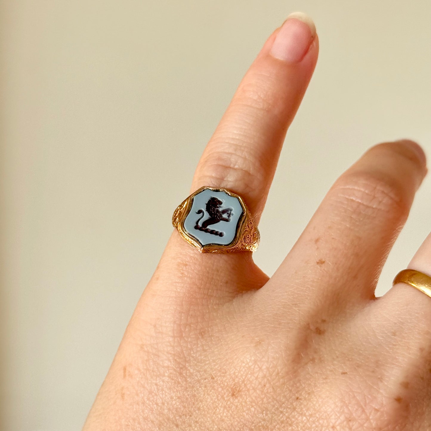 Antique Lion Sardonyx Signet Ring in 9 Carat Rose Gold; Circa 1900