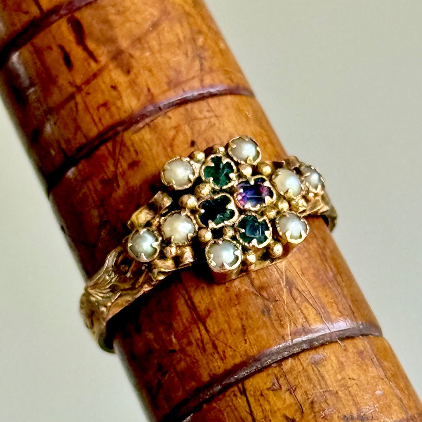 Antique Ornate Gemstone Ring in 15 Carat Gold; Circa 1873