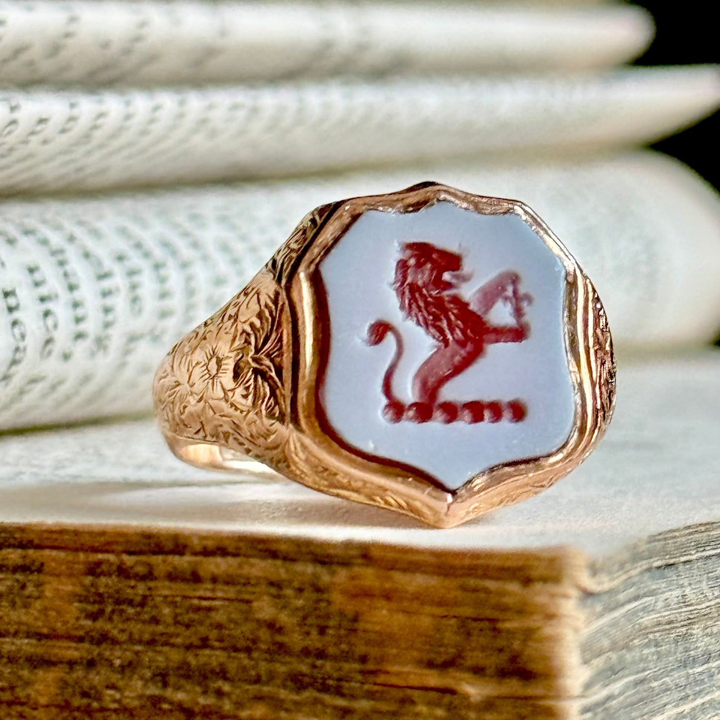 Antique Lion Sardonyx Signet Ring in 9 Carat Rose Gold; Circa 1900