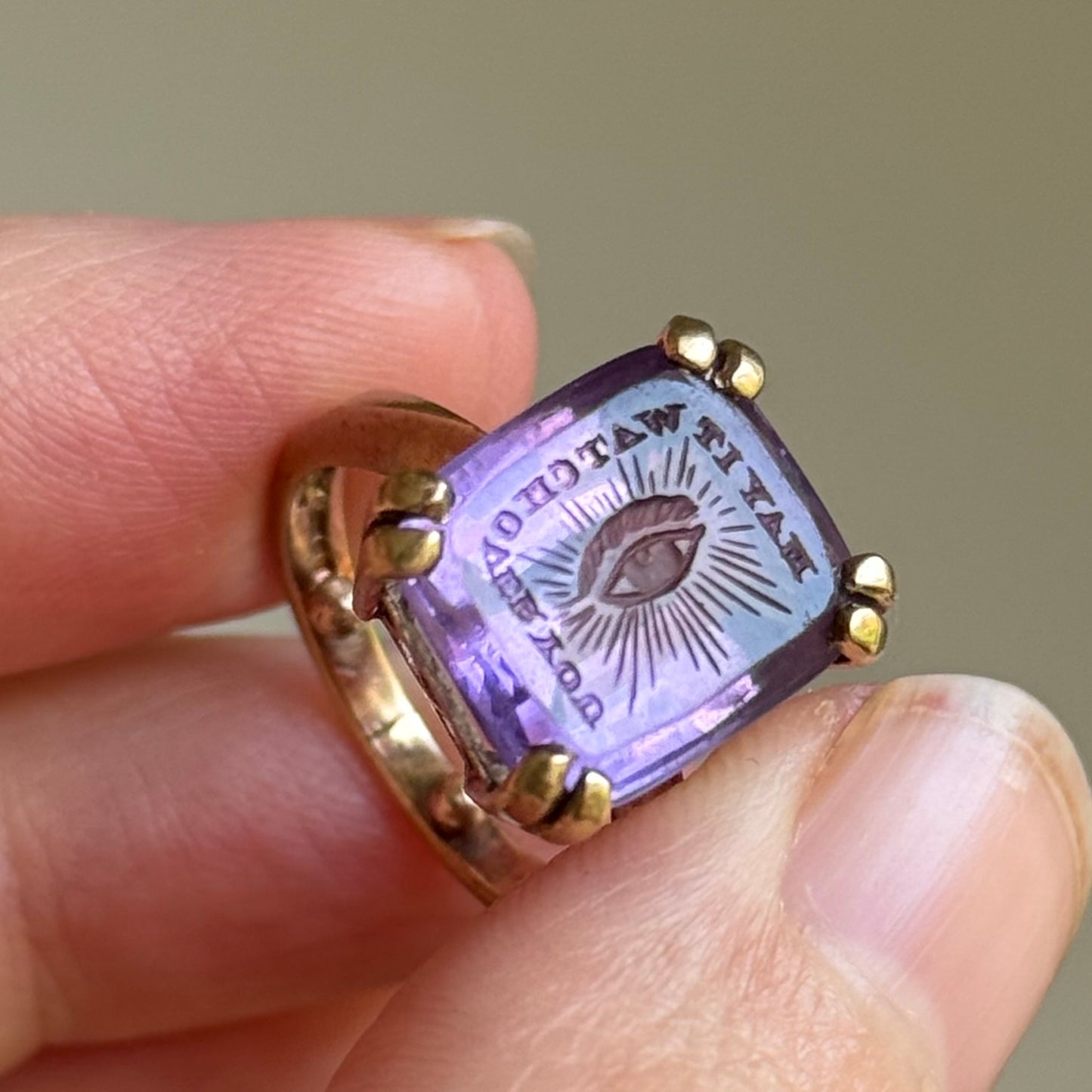 Vintage Amethyst Intaglio “May It Watch Over You” Ring in 9 Carat Gold