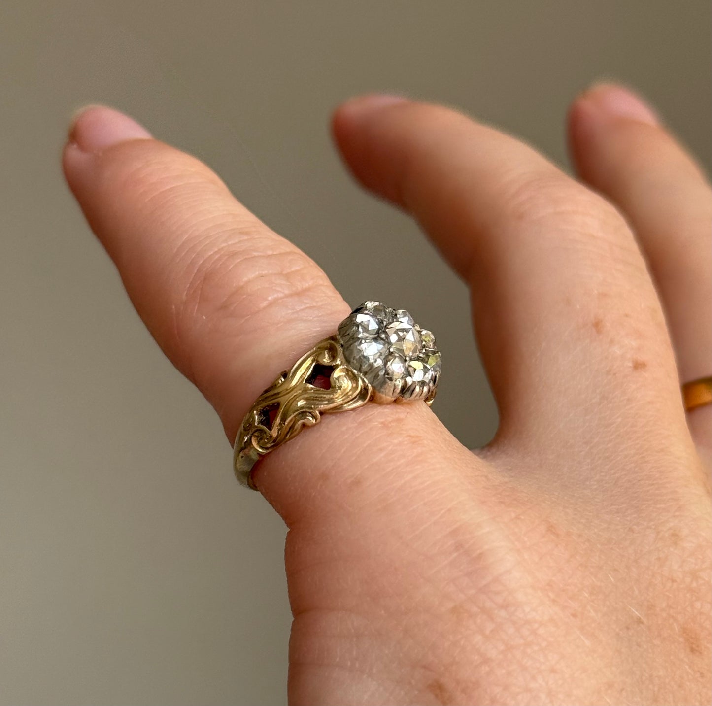Victorian Rose Cut Diamond Cluster Ring in 15 Carat Gold, Circa 1860