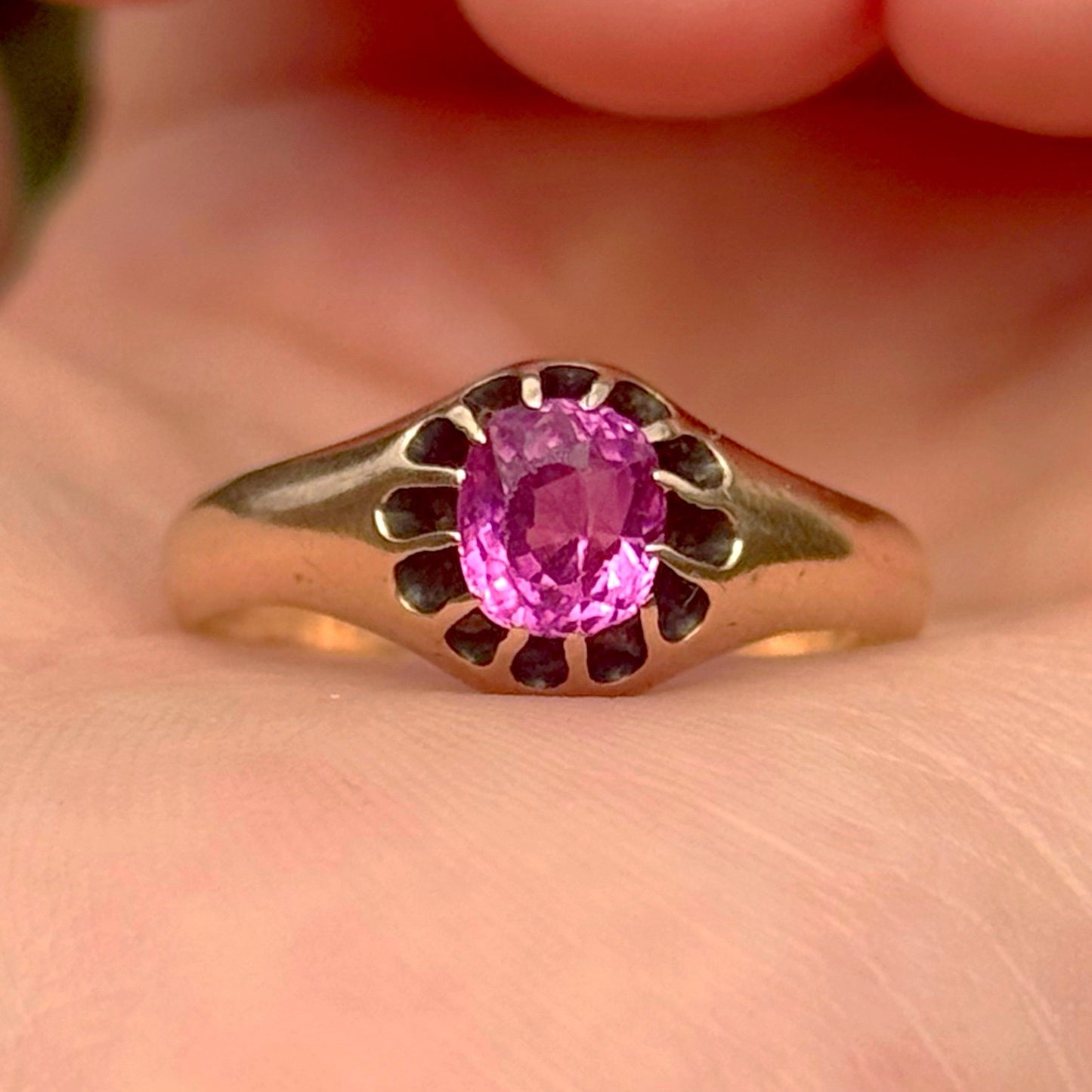 Large Old Cut Pink Sapphire Ring in 9 Carat Rose Gold; Circa 1890