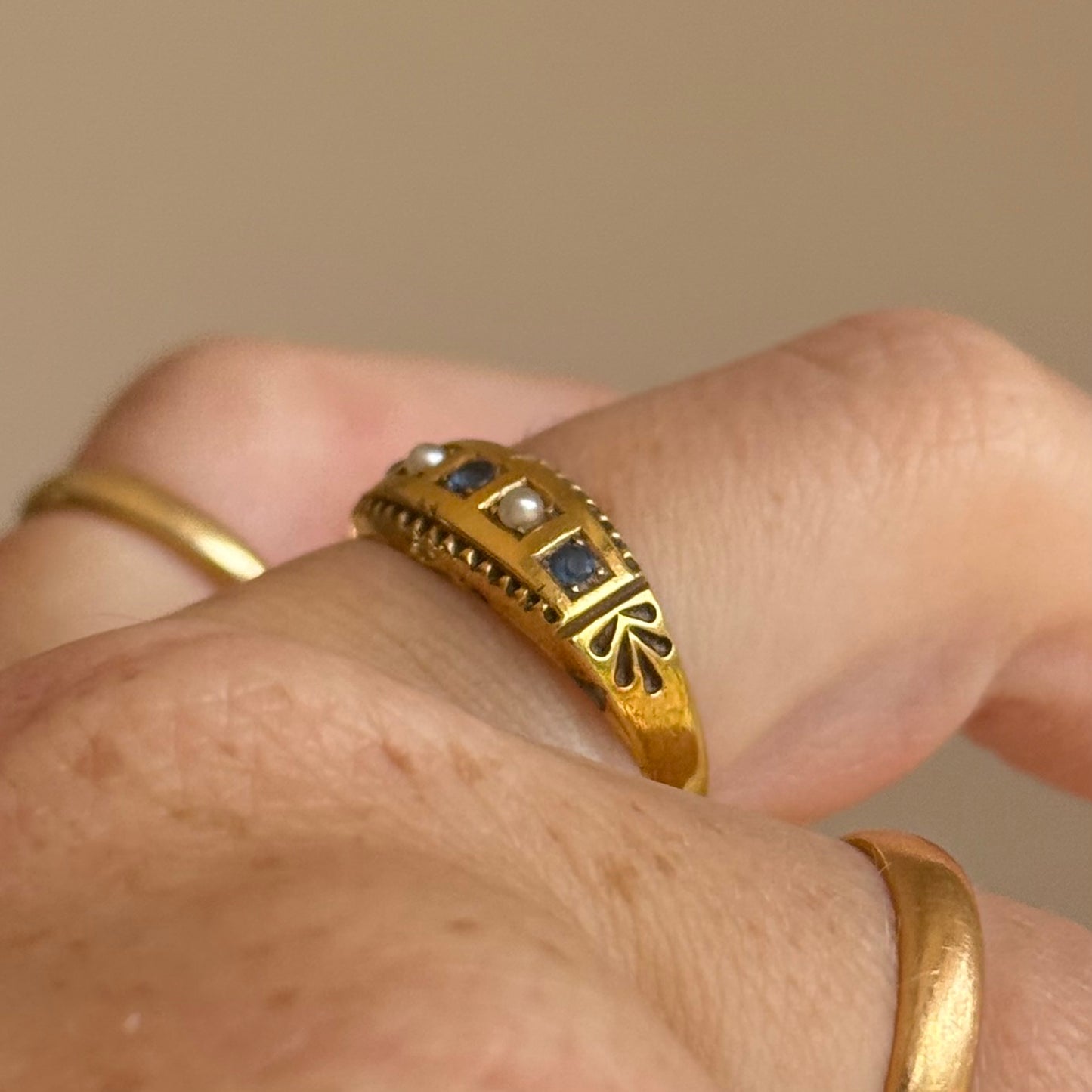 Antique Sapphire & Pearl Ring in 9 Carat Gold; Circa 1900