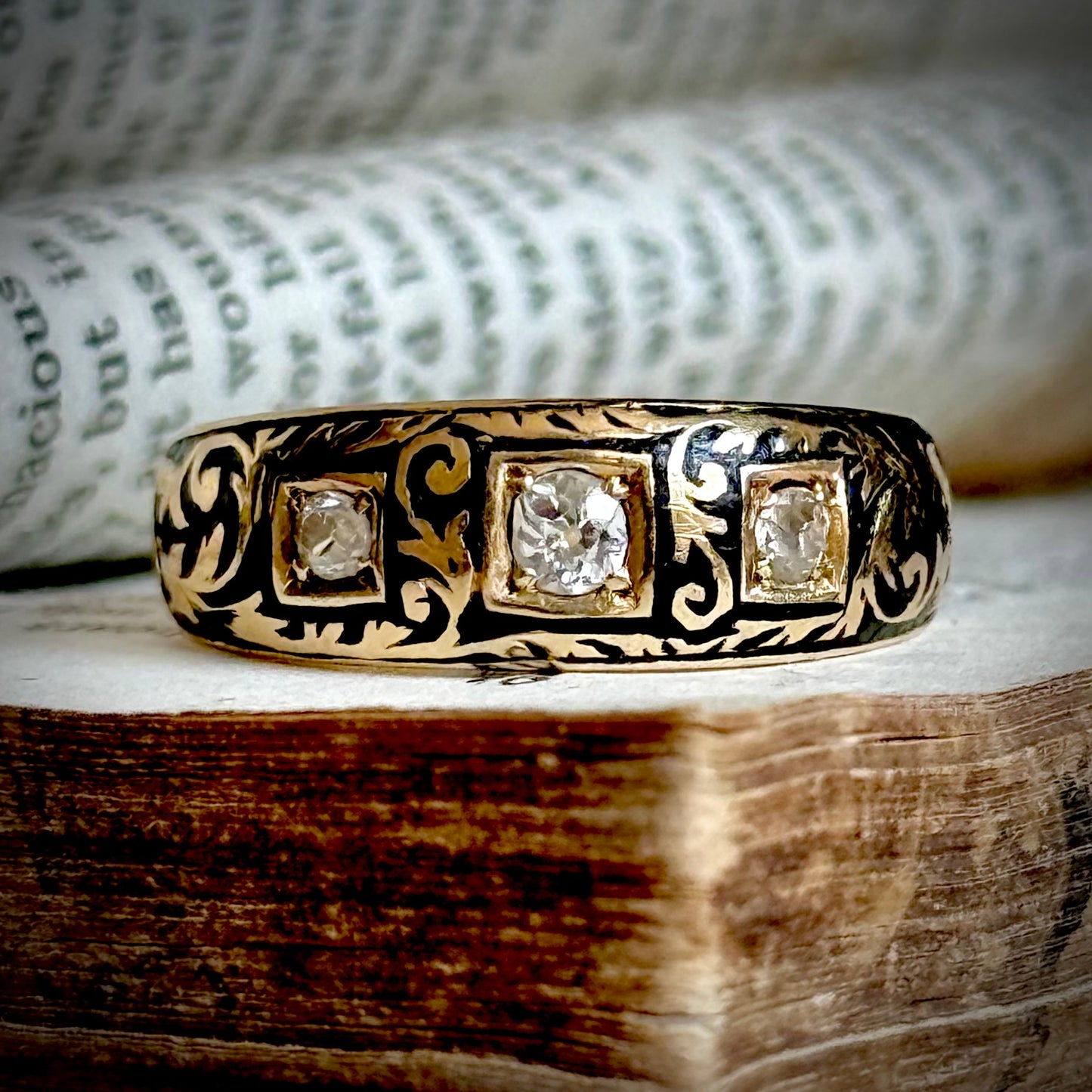 Victorian Enamel & Diamond Ring in 18 Carat Gold; Circa 1896