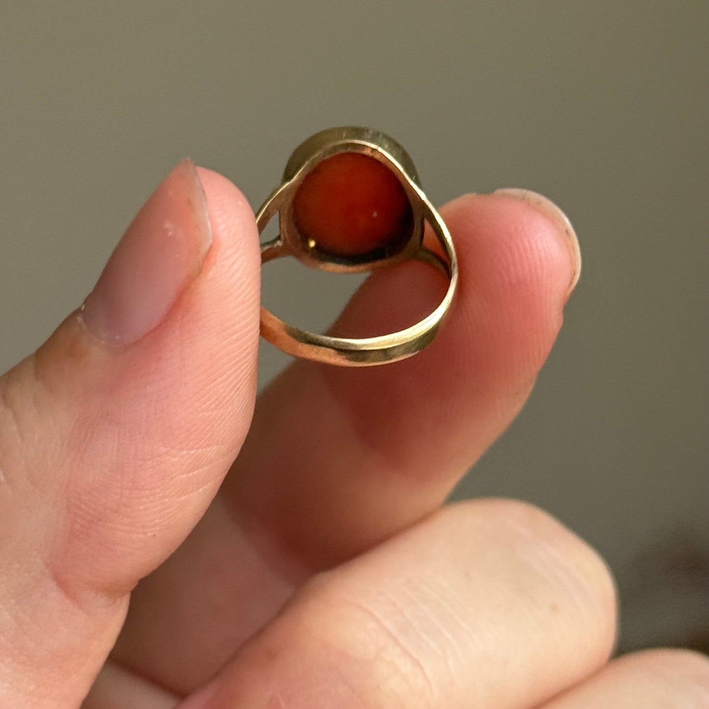 Early Victorian Coral Cameo Ring in 9 Carat Gold; Circa 1830