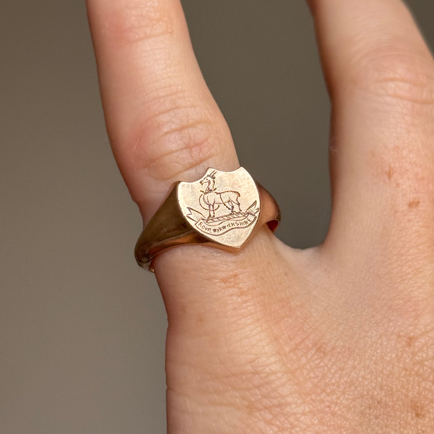 Antique Royal Warwickshire Signet Ring in 9 Carat Rose Gold; Circa 1918