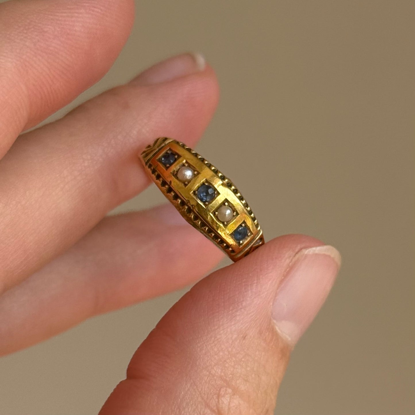Antique Sapphire & Pearl Ring in 9 Carat Gold; Circa 1900