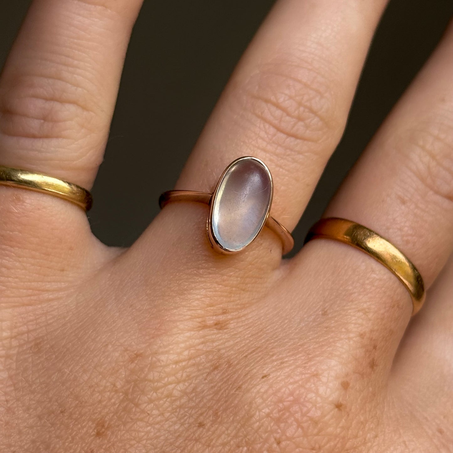 Edwardian Moonstone ring in 9 Carat Rose Gold; Circa 1880