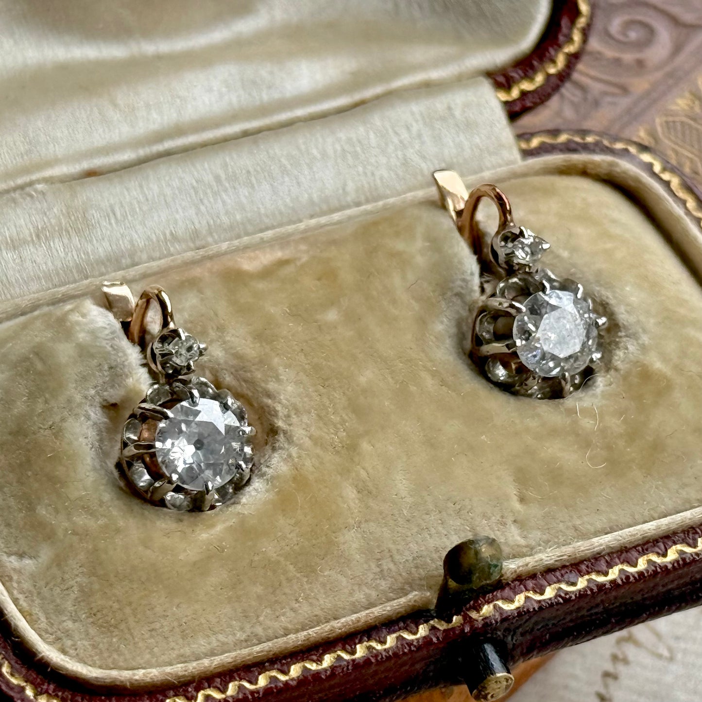 Antique French Diamond Earrings in 18 Carat Gold with Original Box