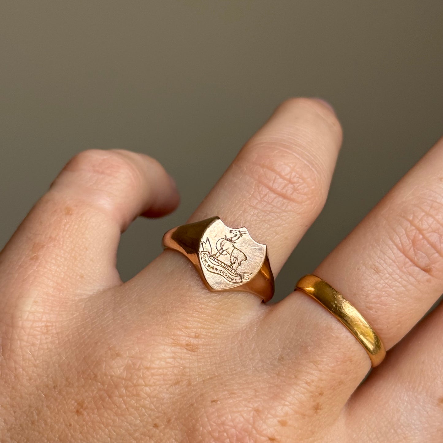 Antique Royal Warwickshire Signet Ring in 9 Carat Rose Gold; Circa 1918